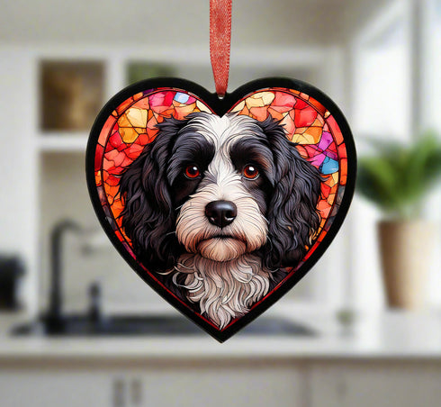 Cavapoo Black & White Stained Glass Effect Heart Suncatcher